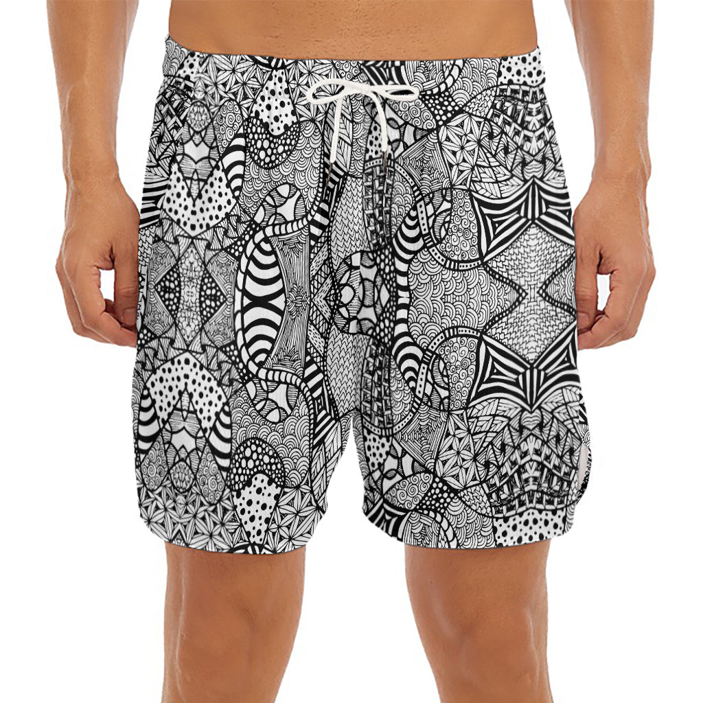 Black And White Zentangle Pattern Print Men's Split Running Shorts