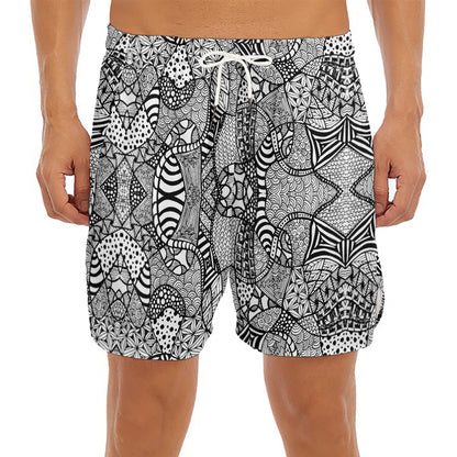 Black And White Zentangle Pattern Print Men's Split Running Shorts