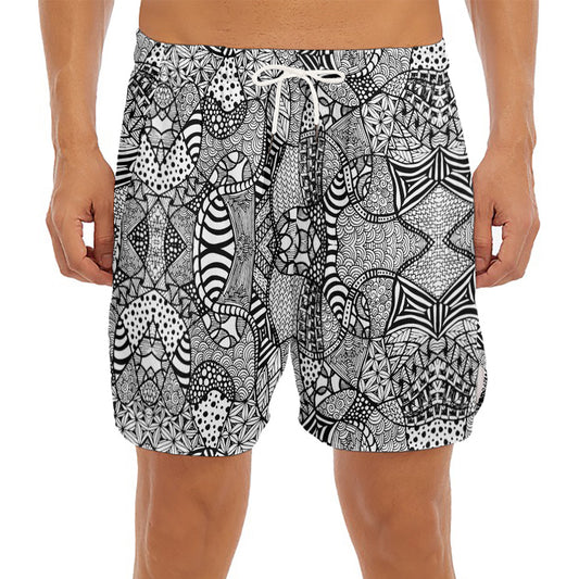 Black And White Zentangle Pattern Print Men's Split Running Shorts