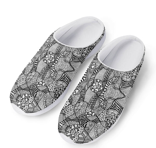 Black And White Zentangle Pattern Print Mesh Casual Shoes