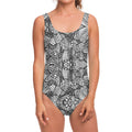 Black And White Zentangle Pattern Print One Piece Swimsuit