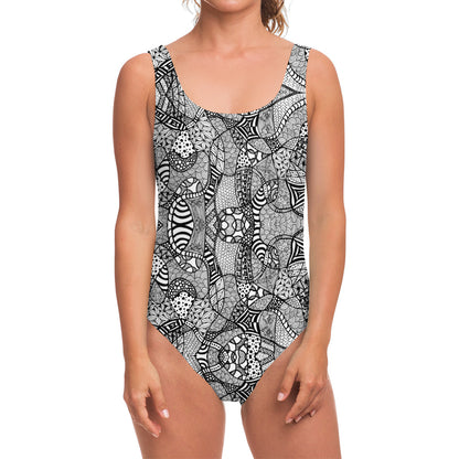 Black And White Zentangle Pattern Print One Piece Swimsuit