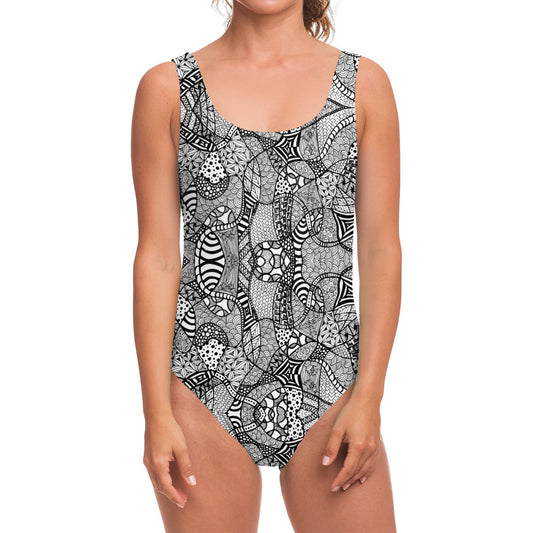 Black And White Zentangle Pattern Print One Piece Swimsuit