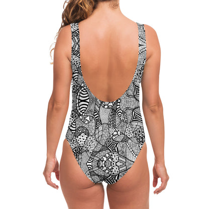 Black And White Zentangle Pattern Print One Piece Swimsuit