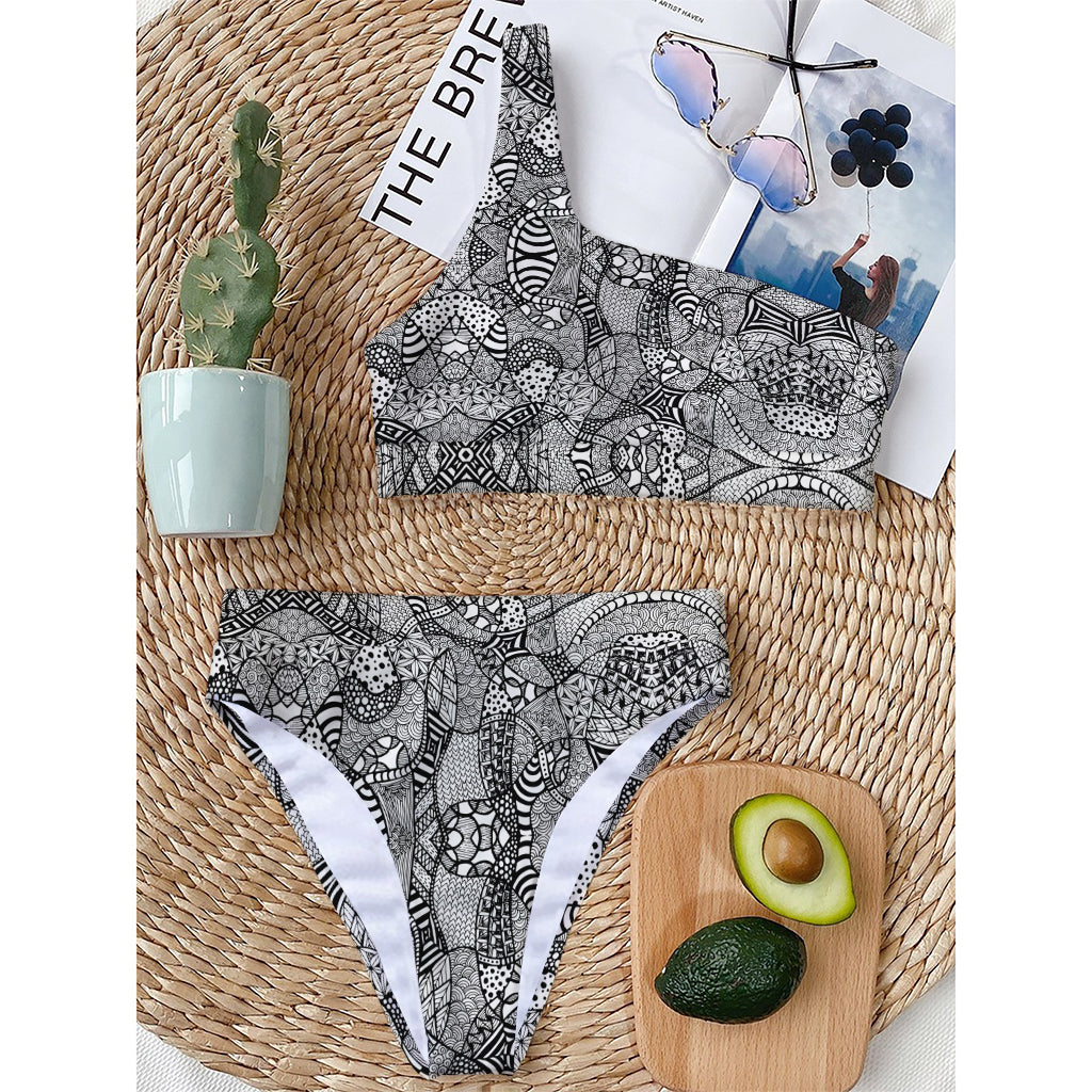 Black And White Zentangle Pattern Print One Shoulder Bikini Top