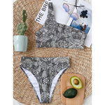 Black And White Zentangle Pattern Print One Shoulder Bikini Top