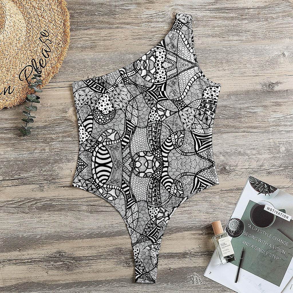 Black And White Zentangle Pattern Print One Shoulder Bodysuit