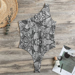 Black And White Zentangle Pattern Print One Shoulder Bodysuit