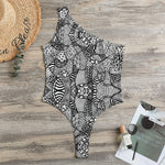 Black And White Zentangle Pattern Print One Shoulder Bodysuit
