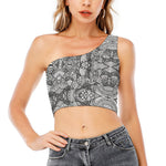 Black And White Zentangle Pattern Print One Shoulder Crop Top