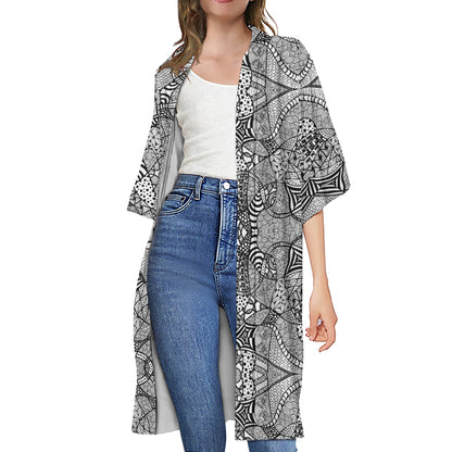Black And White Zentangle Pattern Print Open Front Beach Cover Up