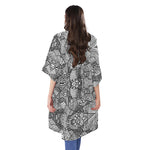 Black And White Zentangle Pattern Print Open Front Beach Cover Up