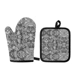 Black And White Zentangle Pattern Print Oven Mitt And Pot Holder Set