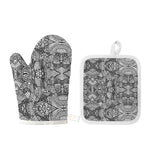 Black And White Zentangle Pattern Print Oven Mitt And Pot Holder Set