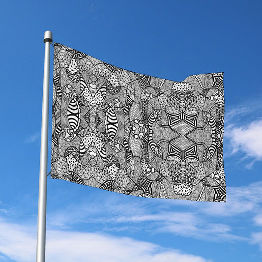 Black And White Zentangle Pattern Print Polyester Flag