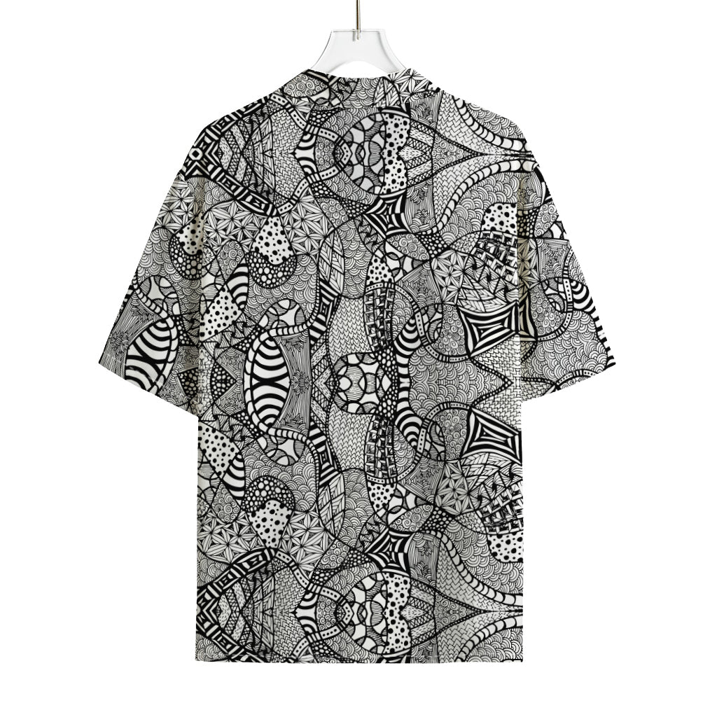 Black And White Zentangle Pattern Print Rayon Hawaiian Shirt