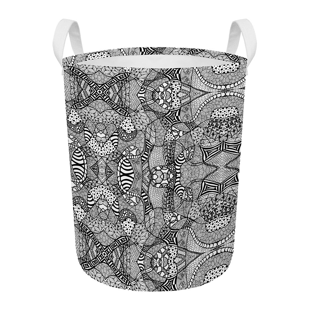 Black And White Zentangle Pattern Print Round Laundry Basket