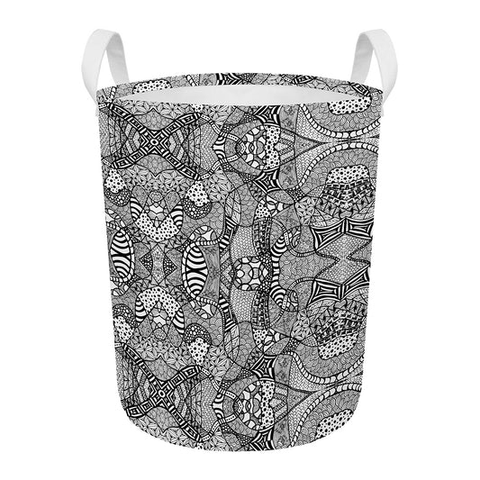 Black And White Zentangle Pattern Print Round Laundry Basket