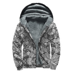 Black And White Zentangle Pattern Print Sherpa Lined Zip Up Hoodie