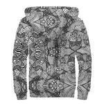 Black And White Zentangle Pattern Print Sherpa Lined Zip Up Hoodie