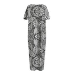 Black And White Zentangle Pattern Print Short Sleeve Long Nightdress