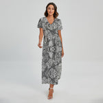 Black And White Zentangle Pattern Print Short Sleeve Maxi Dress