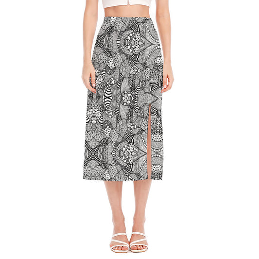 Black And White Zentangle Pattern Print Side Slit Midi Skirt