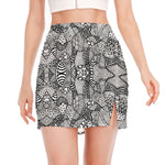 Black And White Zentangle Pattern Print Side Slit Mini Skirt