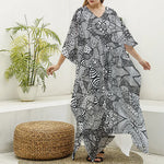 Black And White Zentangle Pattern Print Silk V-Neck Kaftan Dress