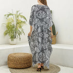 Black And White Zentangle Pattern Print Silk V-Neck Kaftan Dress