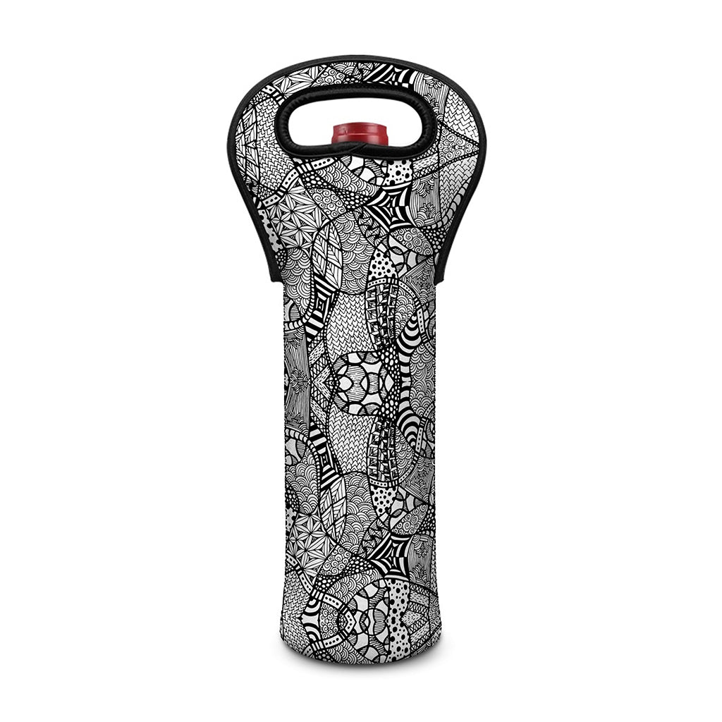 Black And White Zentangle Pattern Print Single Neoprene Wine Tote