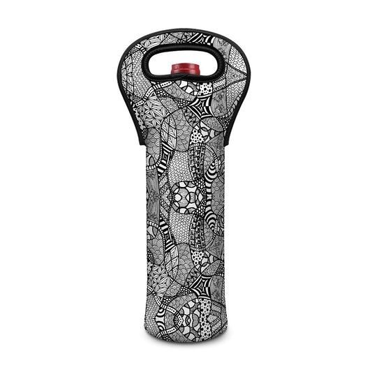 Black And White Zentangle Pattern Print Single Neoprene Wine Tote