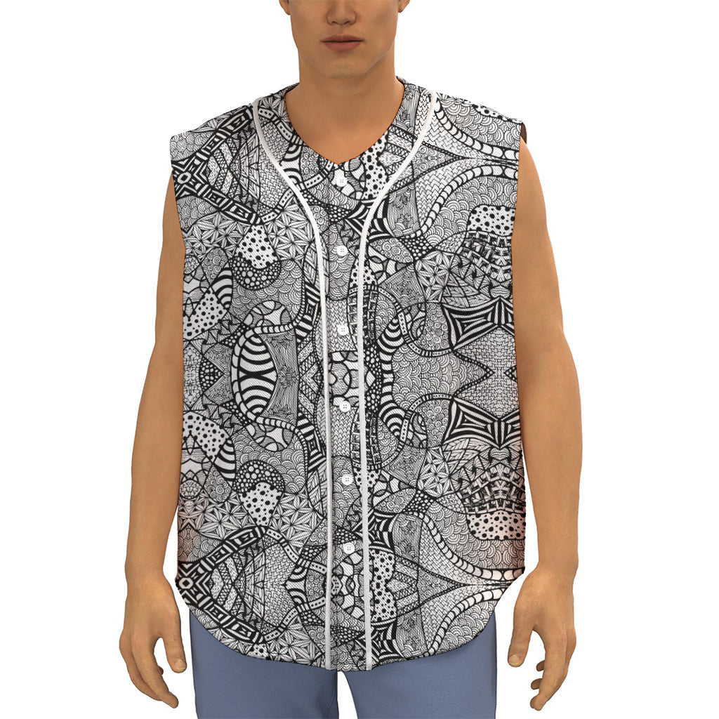 Black And White Zentangle Pattern Print Sleeveless Baseball Jersey