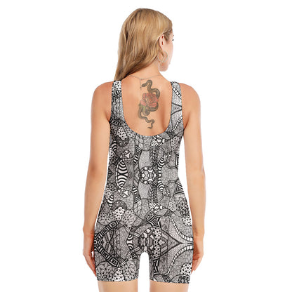 Black And White Zentangle Pattern Print Sleeveless One Piece Swimsuit