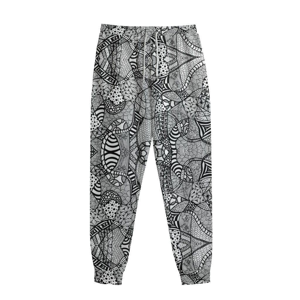 Black And White Zentangle Pattern Print Sweatpants