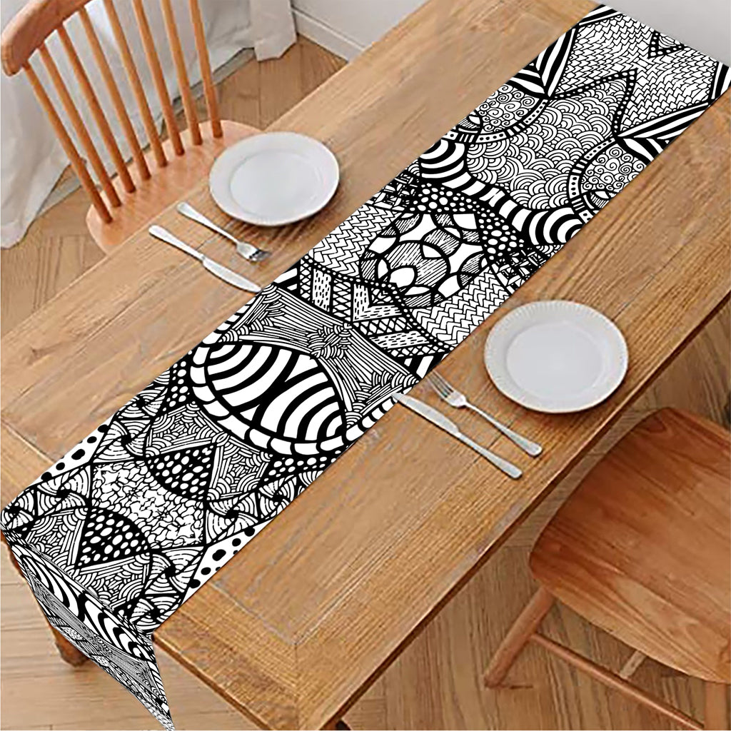 Black And White Zentangle Pattern Print Table Runner