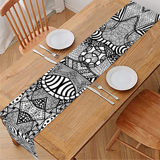 Black And White Zentangle Pattern Print Table Runner