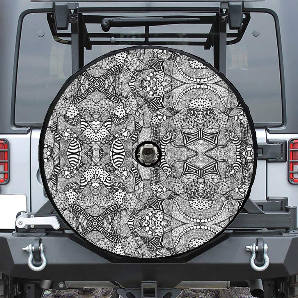 Black And White Zentangle Pattern Print Tire Cover With Camera Hole