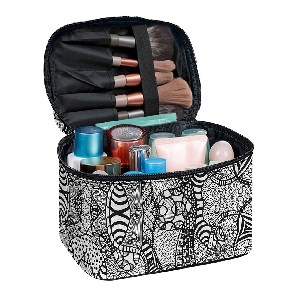 Black And White Zentangle Pattern Print Travel Makeup Bag