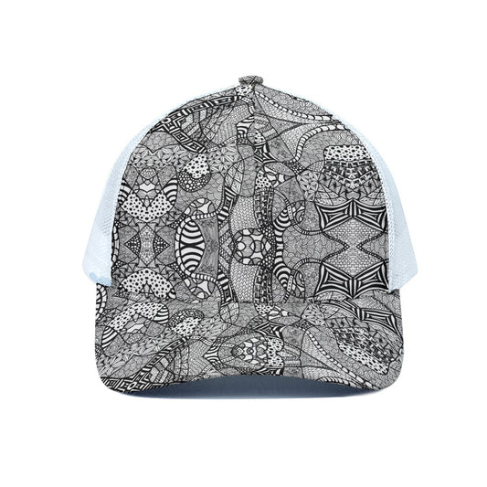 Black And White Zentangle Pattern Print White Mesh Trucker Cap