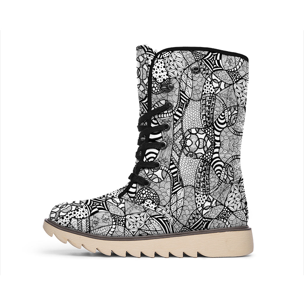 Black And White Zentangle Pattern Print Winter Boots
