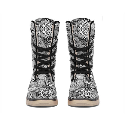 Black And White Zentangle Pattern Print Winter Boots