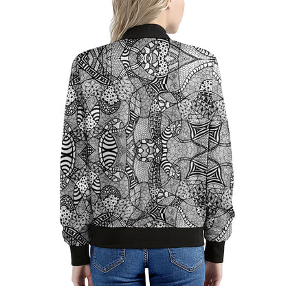 Black And White Zentangle Pattern Print Women's Bomber Jacket