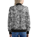 Black And White Zentangle Pattern Print Women's Bomber Jacket