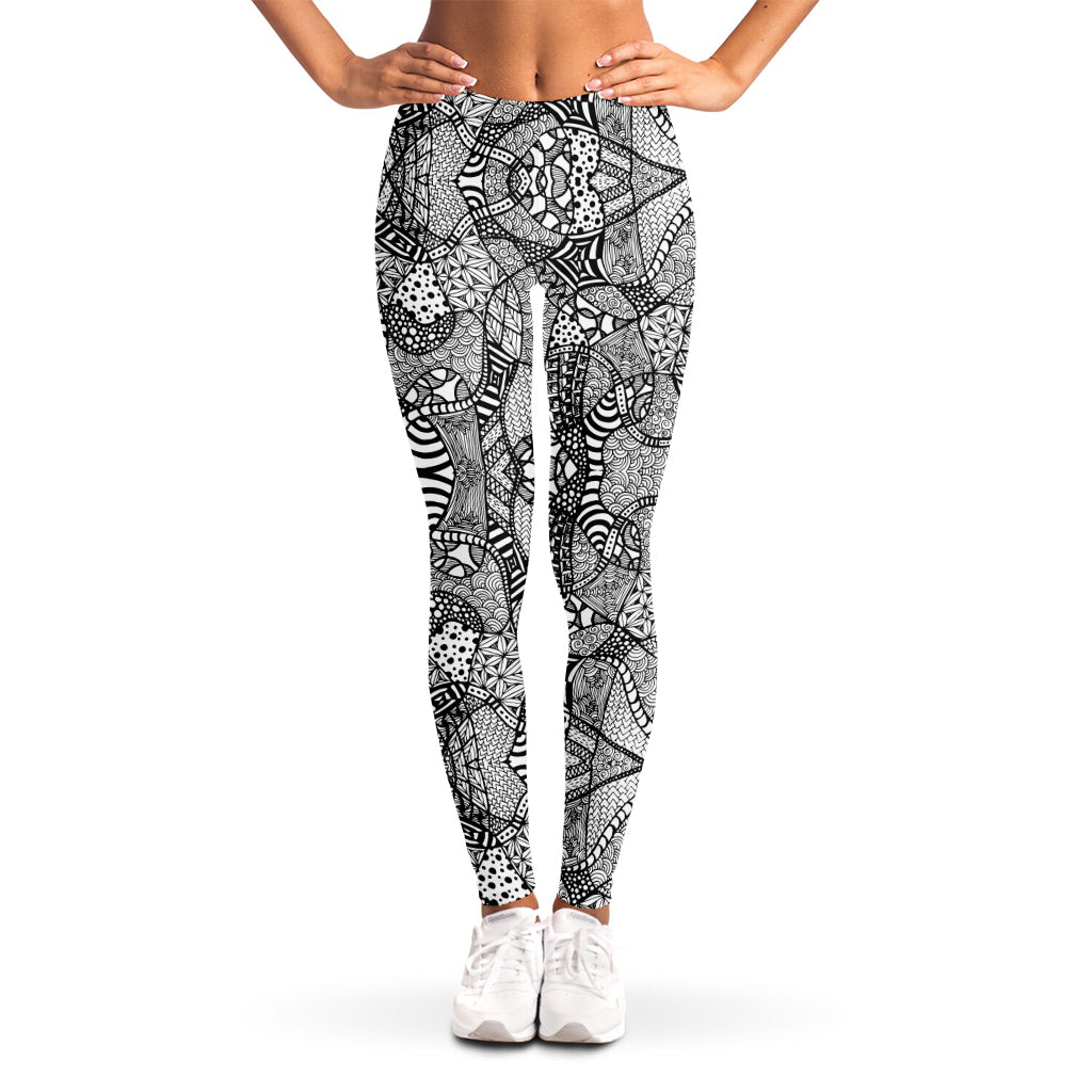 Black And White Zentangle Pattern Print Women's Leggings