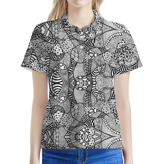 Black And White Zentangle Pattern Print Women's Polo Shirt
