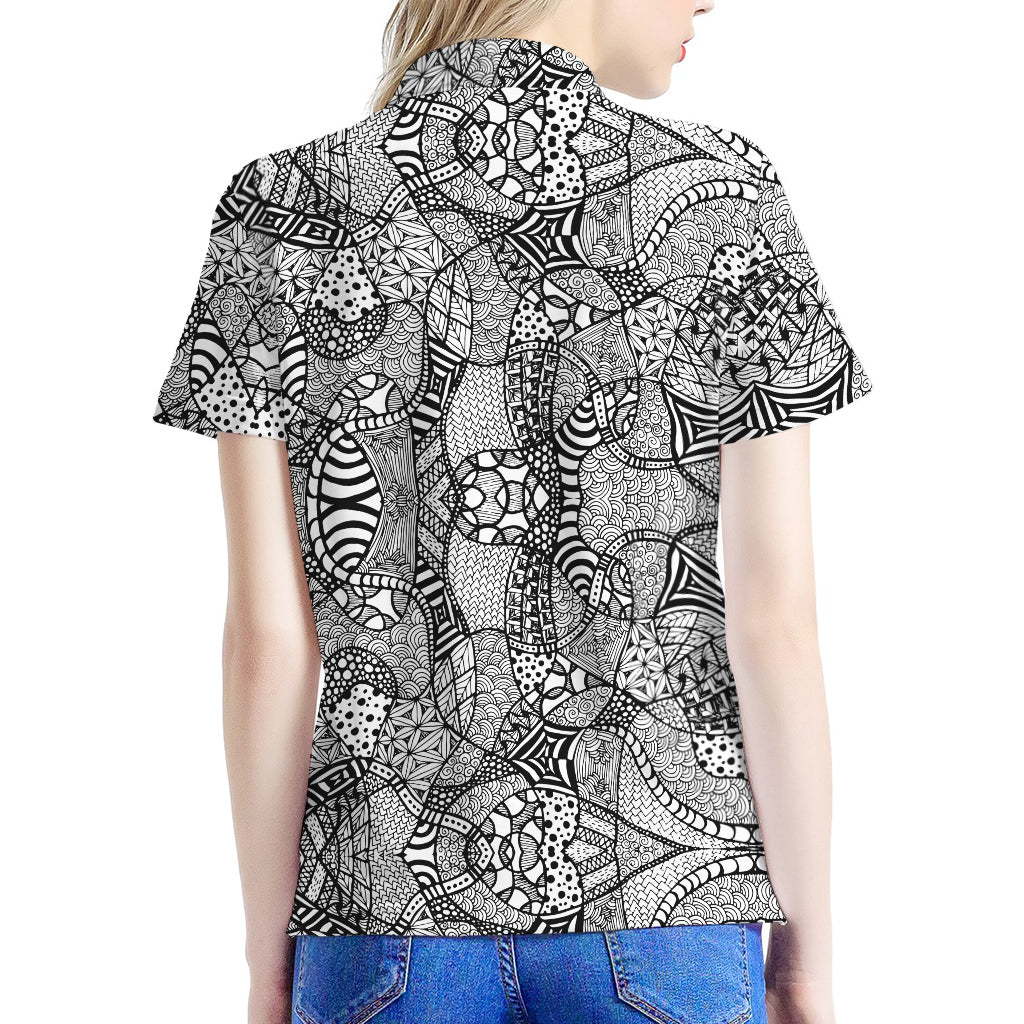Black And White Zentangle Pattern Print Women's Polo Shirt