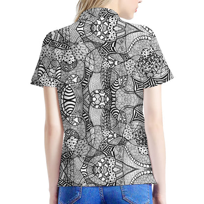 Black And White Zentangle Pattern Print Women's Polo Shirt