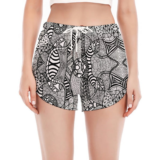 Black And White Zentangle Pattern Print Women's Split Running Shorts