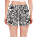 Black And White Zentangle Pattern Print Women's Split Running Shorts